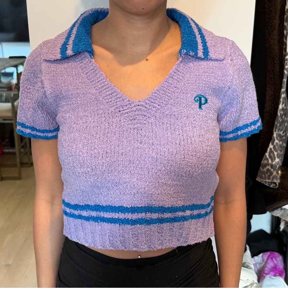 Lisa says gah - Lavender Terry Knit Polo Crop Top with blue Trim